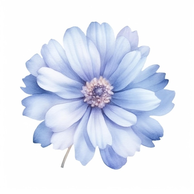 Hay una flor azul que está en un ai generativo de fondo blanco.