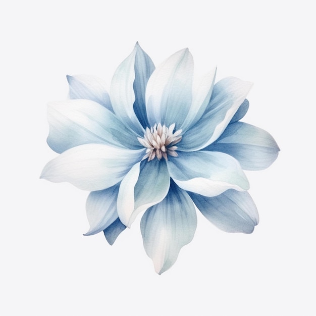 Hay una flor azul que está en un fondo blanco generativo ai