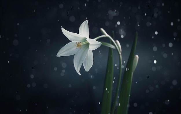 Hay una flor blanca que esta en medio de un ai generativo de lluvia