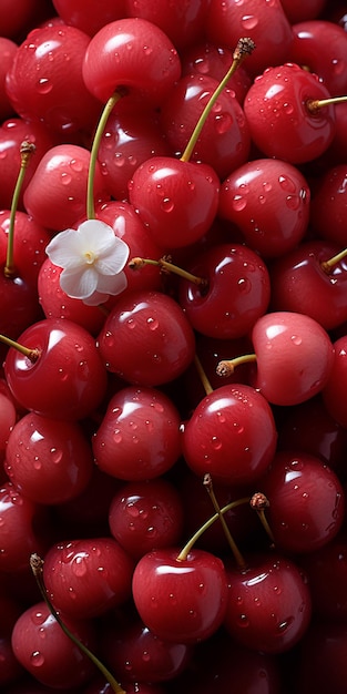 hay una flor blanca sentada en la parte superior de una pila de cerezas generativa ai