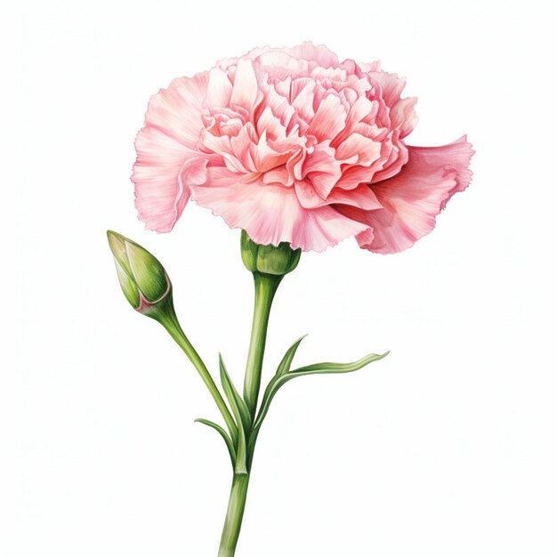 Foto hay una flor de clavel rosa con tallos verdes en un fondo blanco generativo ai