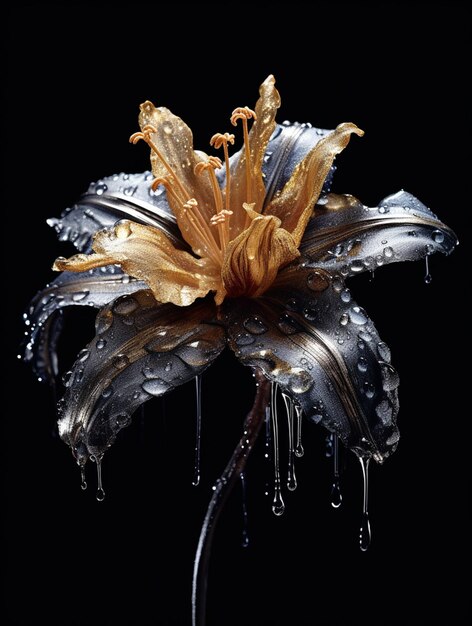 hay una flor con gotas de agua en ella y un fondo negro generativo ai