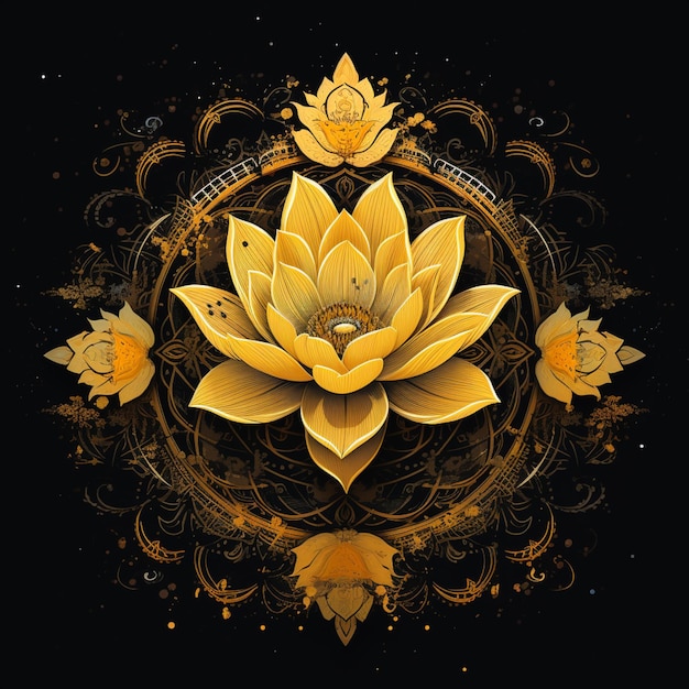 Hay una flor de loto dorada con un ai generativo de fondo negro.