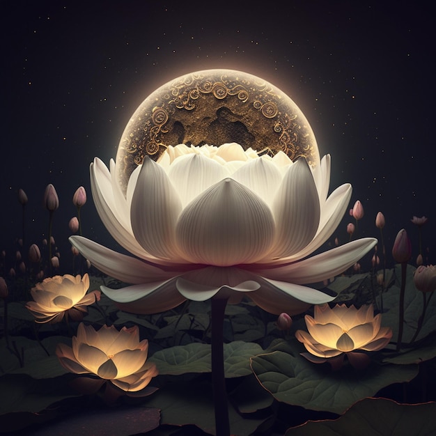 hay una flor de loto con una luna llena de fondo ai generativa
