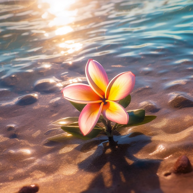 hay una flor que está sentada en la arena por el generador de agua ai