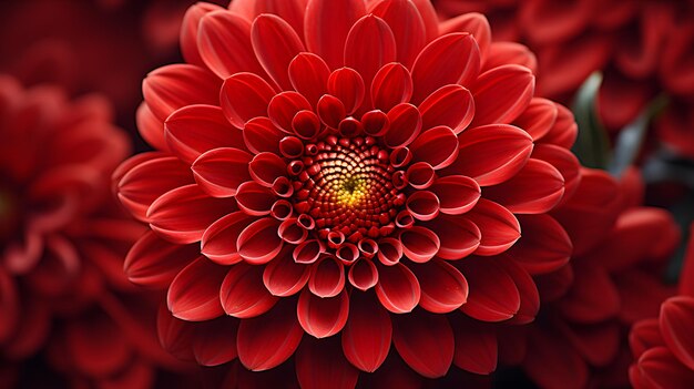 hay una flor roja con un centro amarillo rodeado de otras flores rojas IA generativa