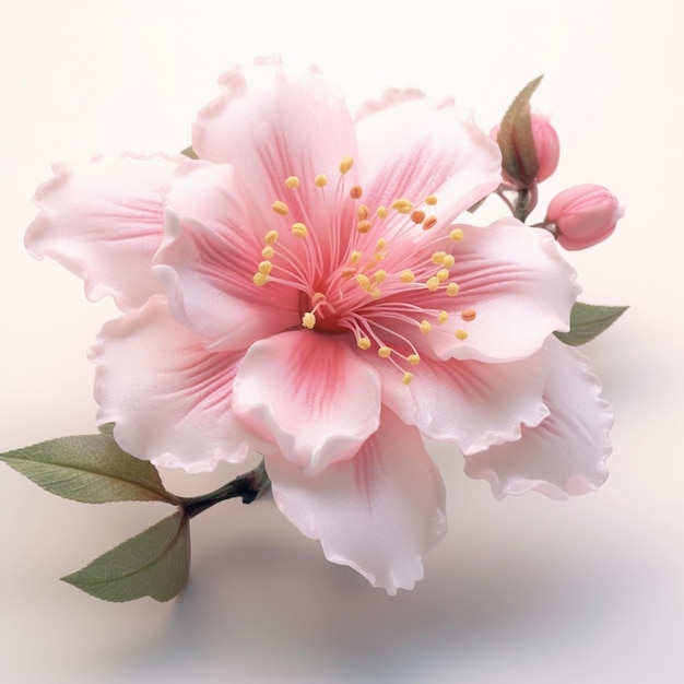 Hay una flor rosa con hojas verdes sobre un fondo blanco ai generativo