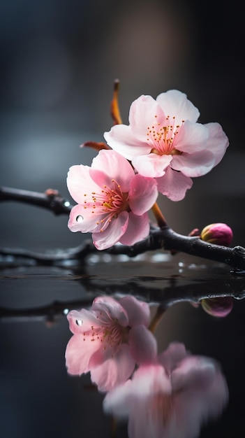 hay una flor rosa que está en una rama con agua generativa ai