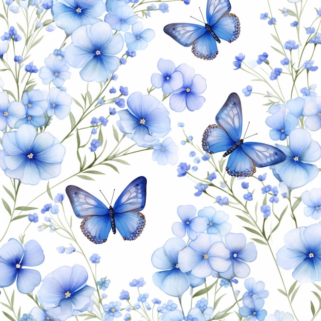 Hay flores azules y mariposas en un fondo blanco generativo ai