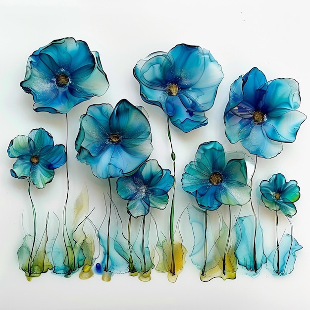 hay flores azules que están en una superficie blanca generativa ai