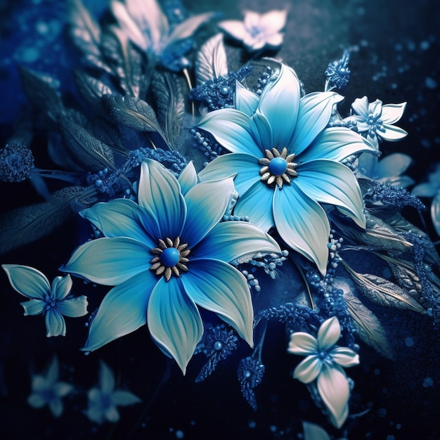 Hay flores azules sobre un fondo negro con hojas azules generativas ai