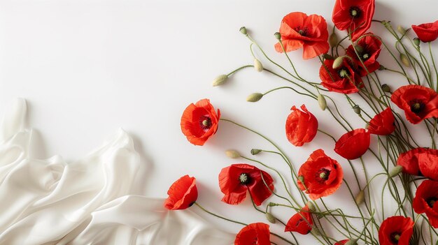 Foto hay flores rojas en una superficie blanca con un paño blanco generativo ai