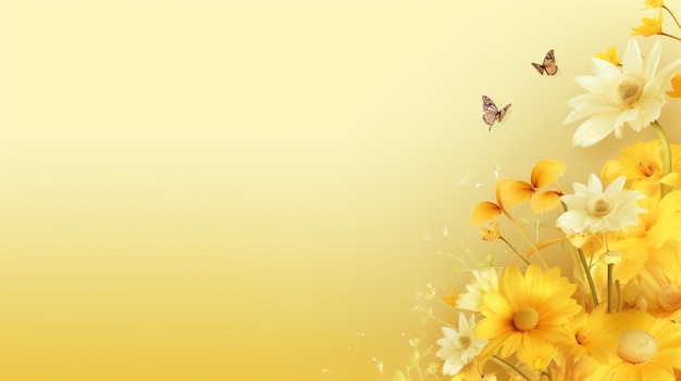 Hay un fondo amarillo con un ramo de flores y un aire generativo de mariposa.