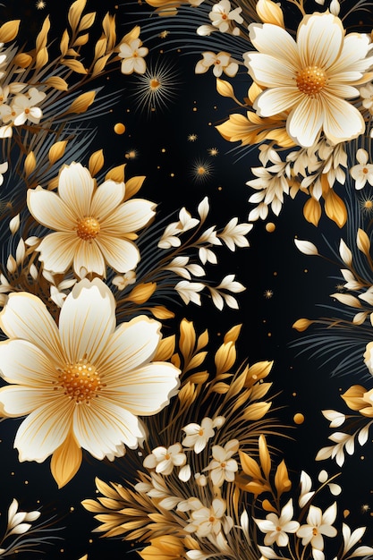 Hay un fondo floral negro y dorado con ai generativo de hojas doradas.