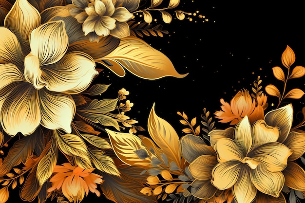 Hay un fondo negro con un ai generativo de diseño floral dorado y blanco.