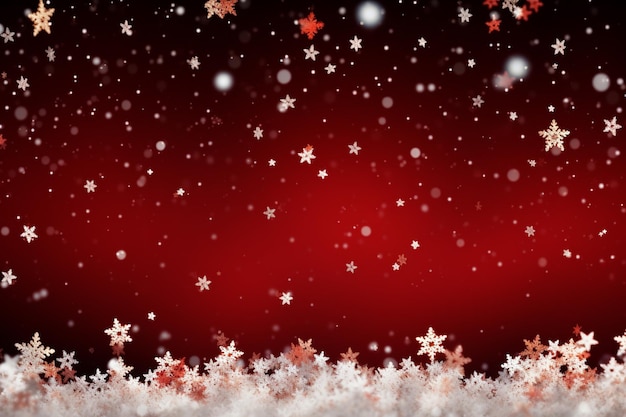Hay un fondo rojo decorado con copos de nieve y estrellas