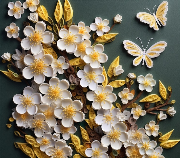 Hay una foto de un arreglo de flores de papel con mariposas ai generativo