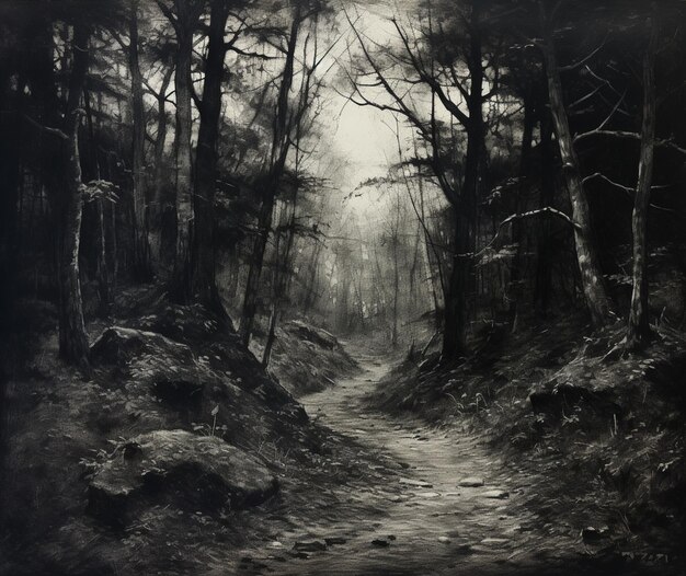 Hay una foto en blanco y negro de un camino en el bosque generativo ai