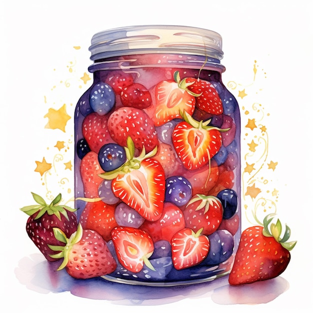 Hay un frasco de fresas y arándanos con estrellas generativas ai