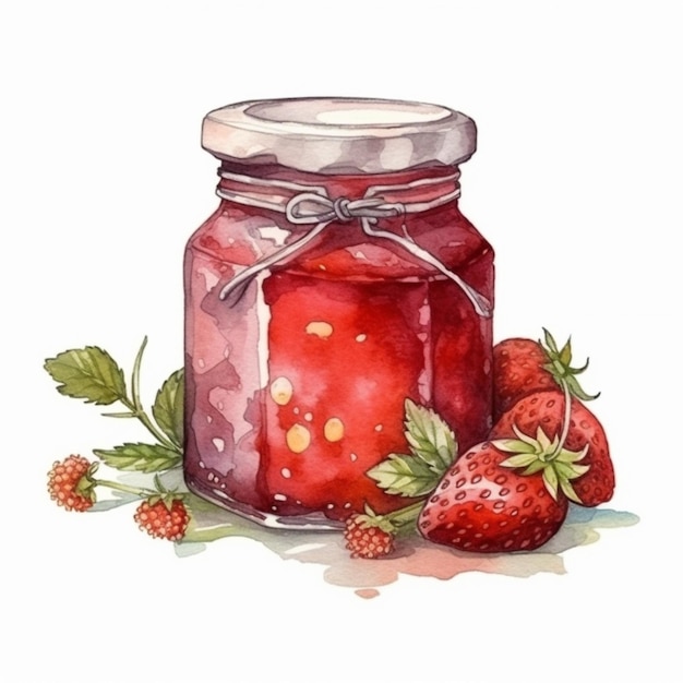 Hay un frasco de mermelada con fresas en la mesa generativo ai