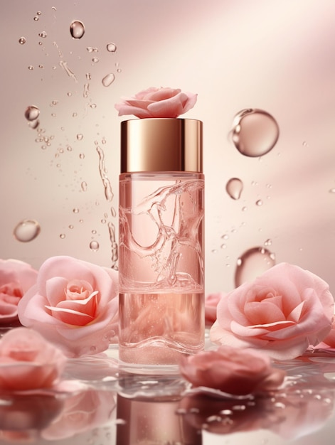 hay un frasco de perfume con rosas rosadas sobre una mesa ai generativo