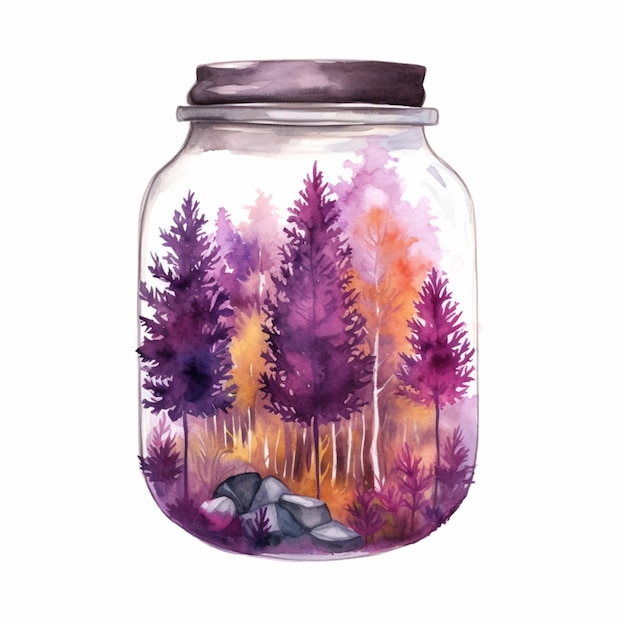 Hay un frasco con una pintura de un bosque en su interior generativo ai