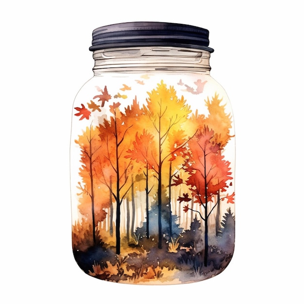 Hay un frasco con una pintura de un bosque en su interior generativo ai