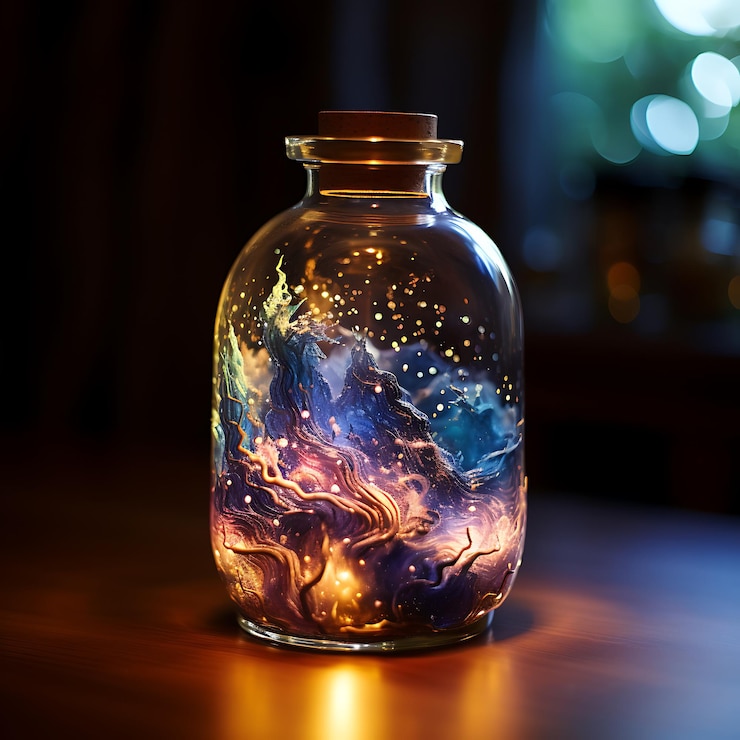 Foto hay un frasco de vidrio con una galaxia de colores en su interior