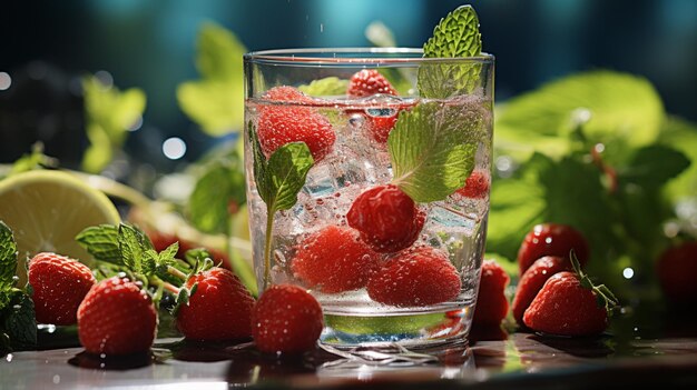 Hay fresas en un vaso de agua con hielo generativo ai