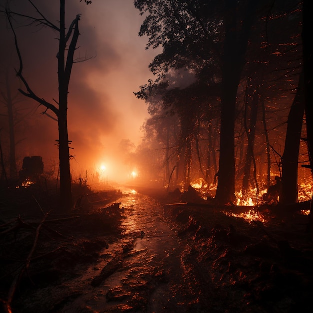 Hay un fuego que está ardiendo en el bosque por la noche generativo ai