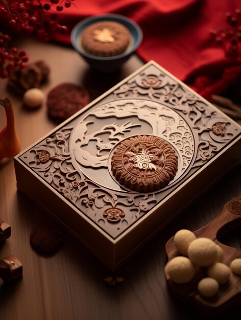 Foto hay una galleta en una caja de madera rodeada de otras decoraciones generativas ai