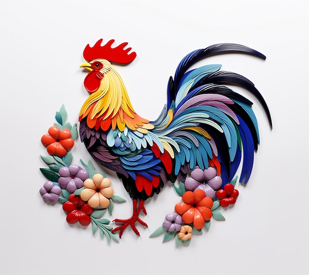 Foto hay un gallo colorido hecho de papel y cuentas generativo ai