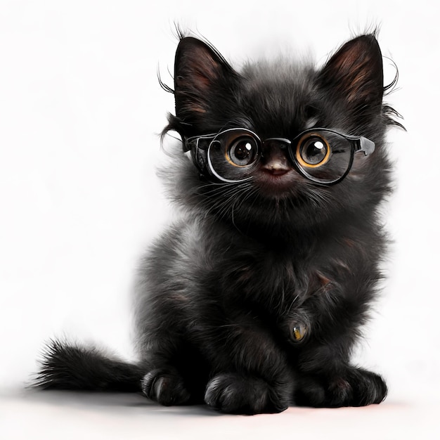 hay un gatito negro con gafas sentado sobre una superficie blanca ai generativo