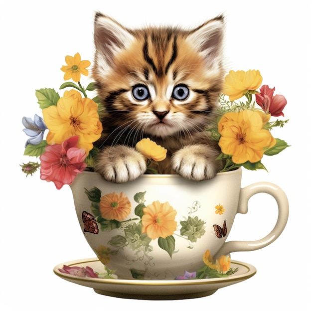 hay un gatito sentado en una taza de té con flores ai generativa