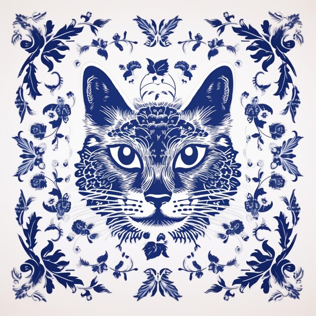 hay un gato azul y blanco con un diseño floral ai generativo