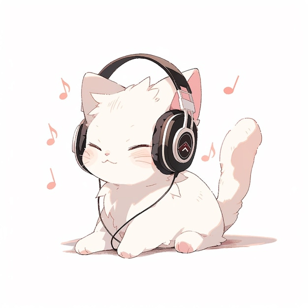 Hay un gato blanco con auriculares sentado en el suelo generativo ai