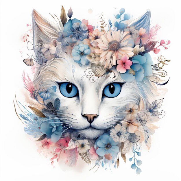 hay un gato blanco con ojos azules y una corona de flores generativa ai