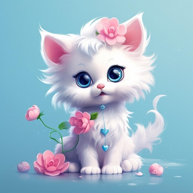 Hay un gato blanco con ojos azules y una flor rosa generativa ai.