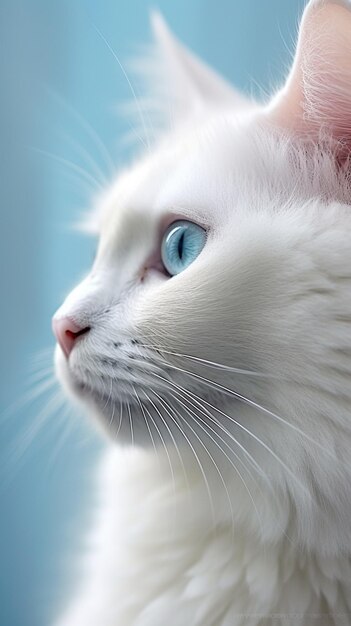 Hay un gato blanco con ojos azules mirando hacia arriba generativo ai