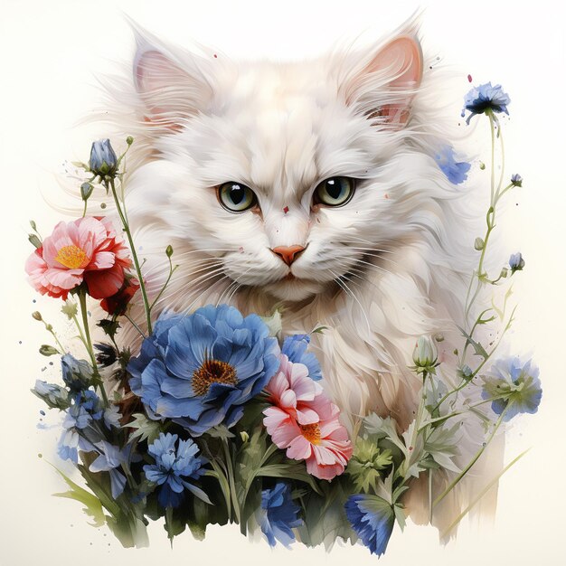 hay un gato blanco con ojos azules sentado en un arreglo floral generativo ai