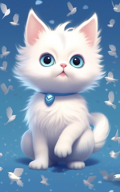 Hay un gato blanco con ojos azules sentado en una superficie generativa azul.
