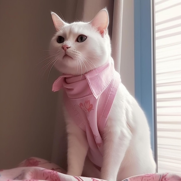 Hay un gato blanco con un pañuelo rosa sentado en una cama ai generativo