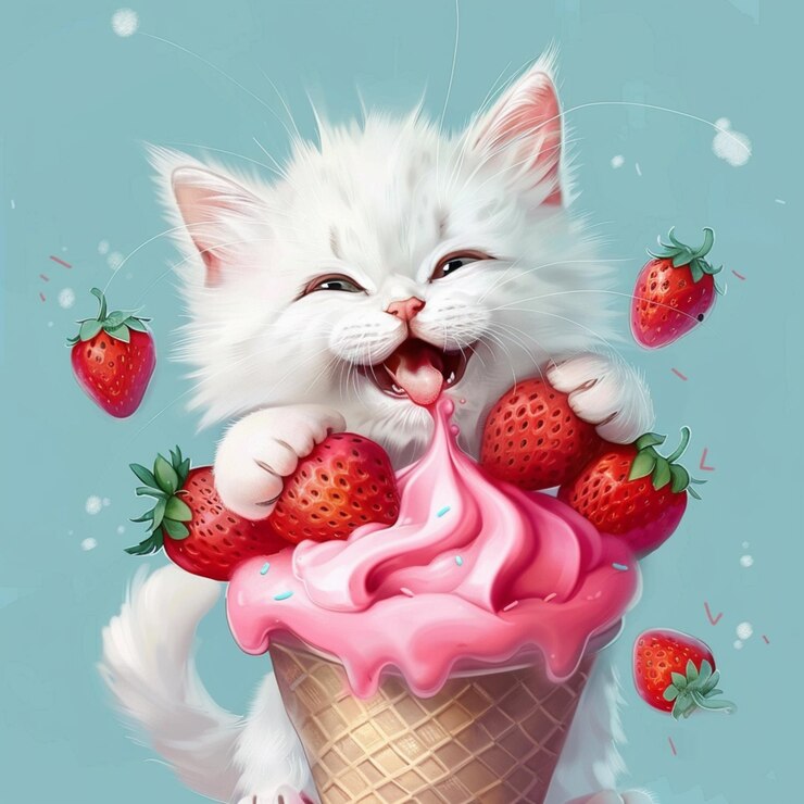 hay un gato blanco que está comiendo un cono de helado de fresa generativo ai