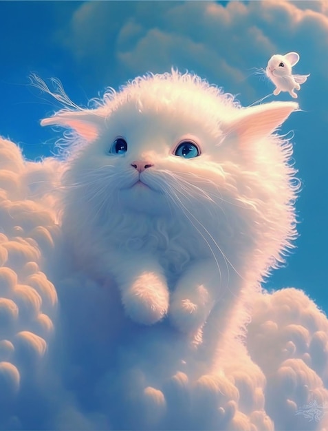 hay un gato blanco que está volando en el cielo generativo ai