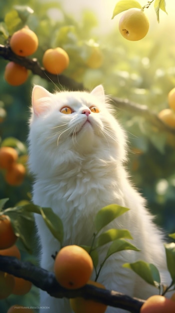 Hay un gato blanco sentado en un árbol con naranjas ai generativo.