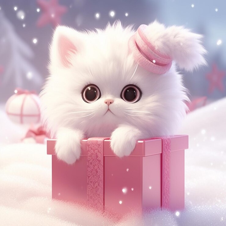 Foto hay un gato blanco sentado en una caja rosa con un sombrero en generativo ai