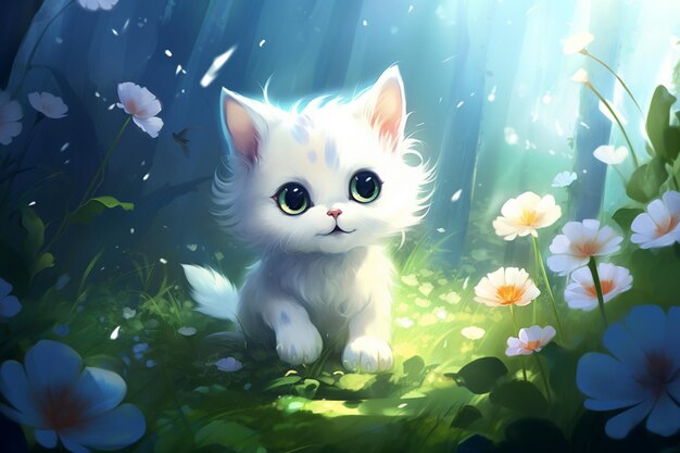 Hay un gato blanco sentado en la hierba con flores generativas ai.