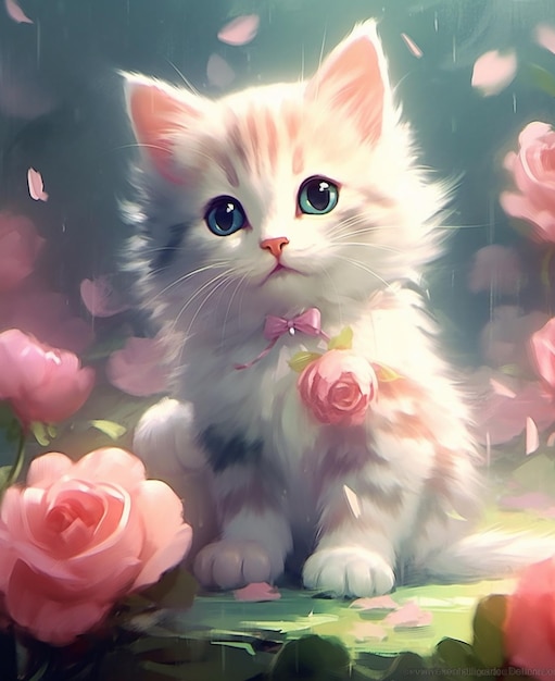 Hay un gato blanco sentado en una roca con rosas rosas generativas ai