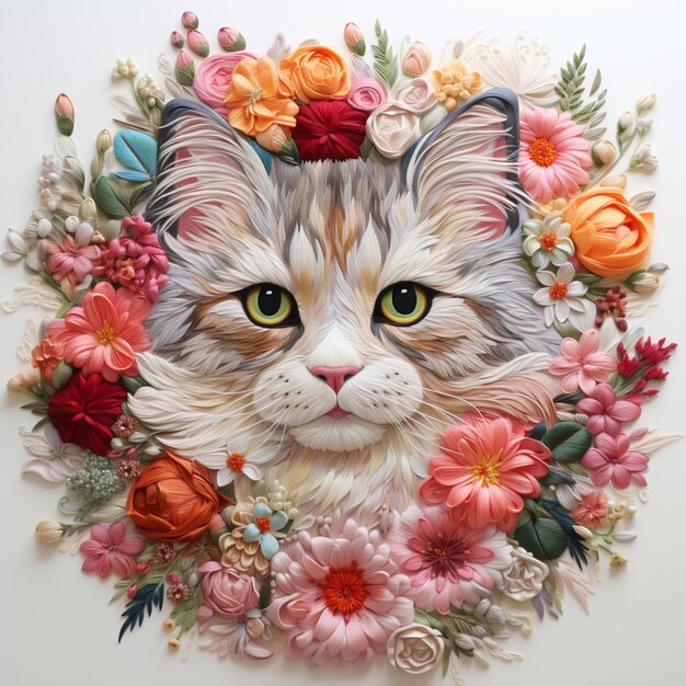 hay un gato con flores en la cabeza en un círculo generativo ai