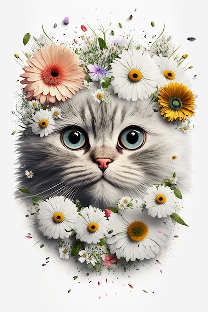hay un gato con flores en la cabeza y un fondo blanco ai generativo